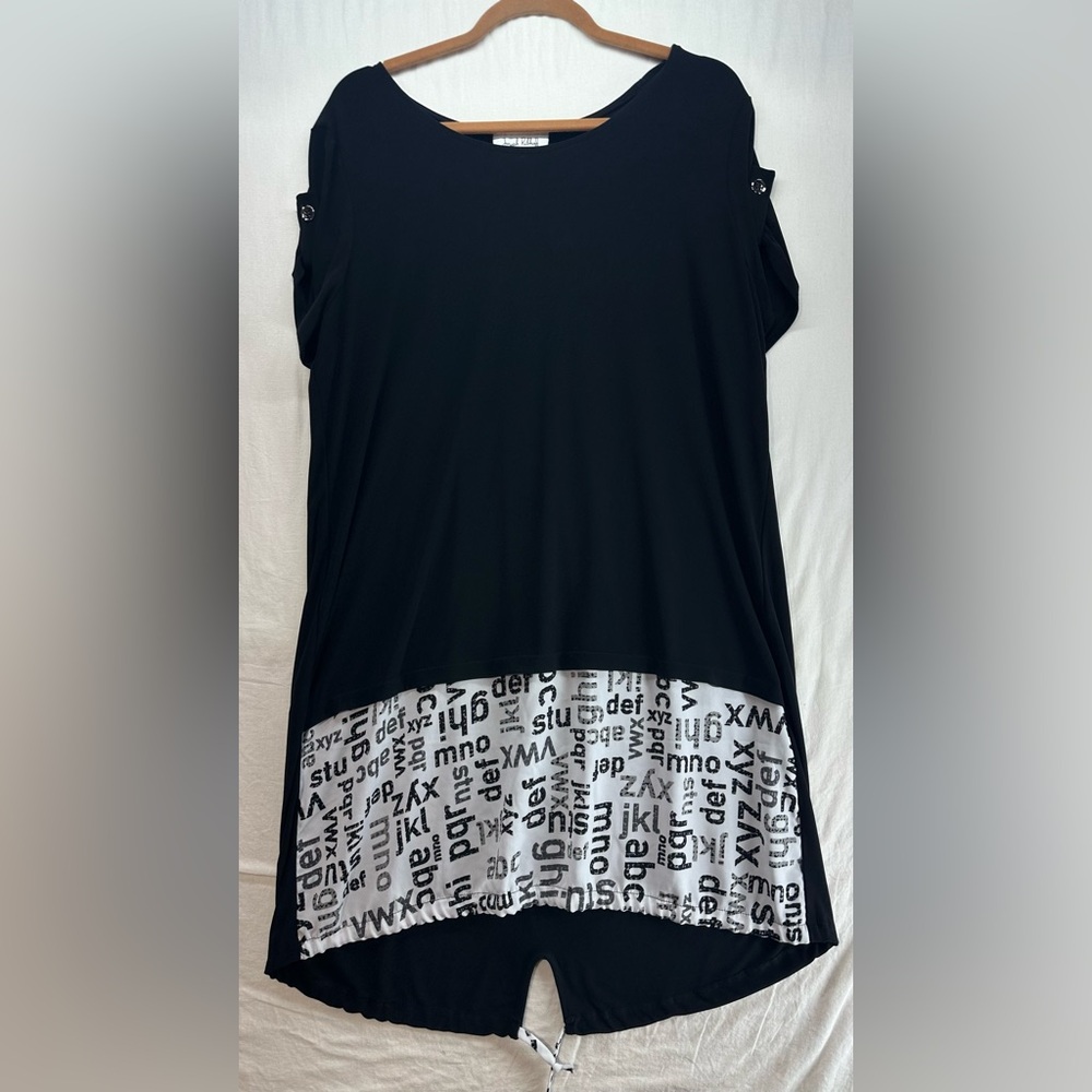 Joseph Ribkoff Black-Vanilla Dress Short Sleeve Drawstring Hem‎ 221259 Size 12